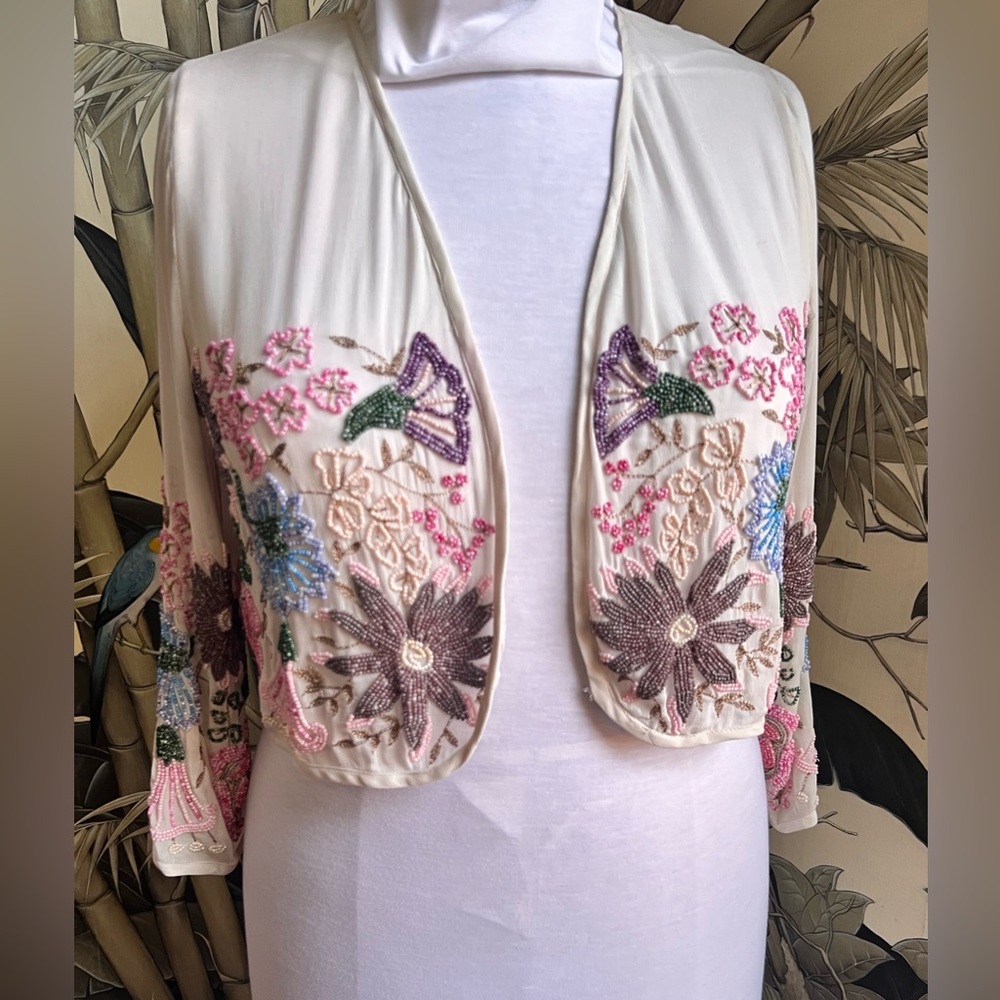 Topshop Floral Beaded Teddy Jacket - Cream and Multicolor pastel